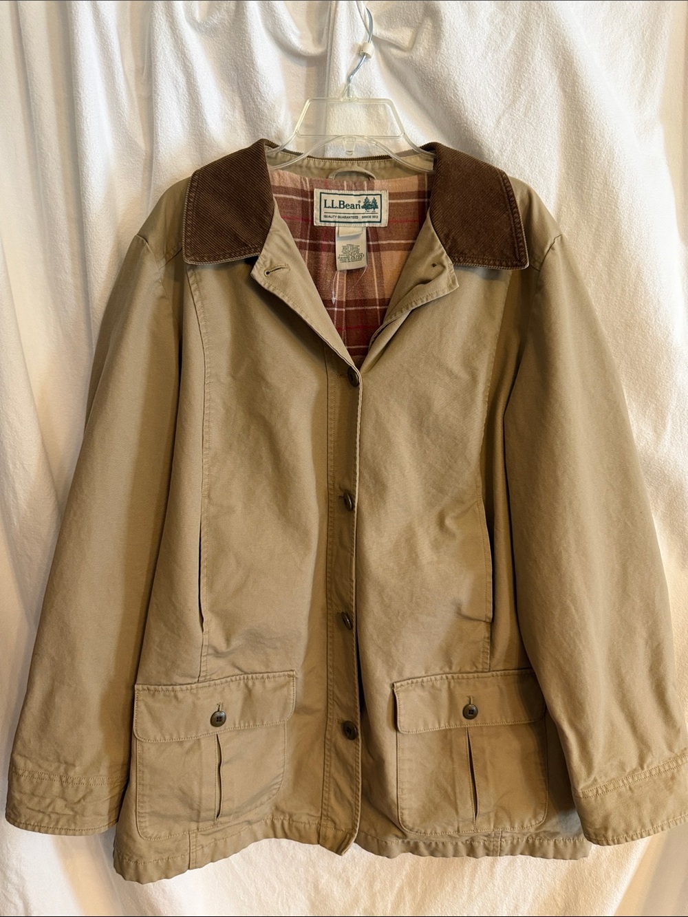 L.L. Bean Flannel Lined Barn Coat with Brown Corduroy Trim